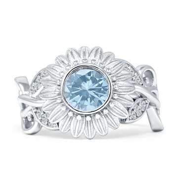 Sunflower Twisted Vine Leaf Engagement Ring Aquamarine CZ 925 Sterling Silver Wholesale